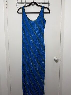 Scala Blue Sequin Beaded Maxi Dress